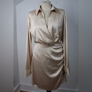 Cider L Champagne Satin Split Neck Collared Long Sleeve Gathered Side Dress